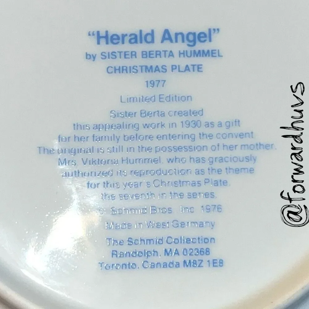 1977 Schmid “Herald Angel” Christmas Plate – Sister Berta Hummel – No Box